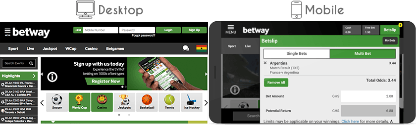 Betway website and mobile version